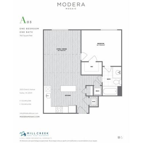 760 square foot one bedroom one bath apartment floorplan image