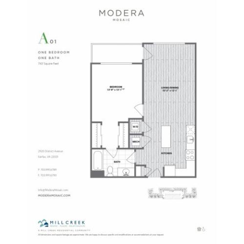 743 square foot one bedroom one bath apartment floorplan image