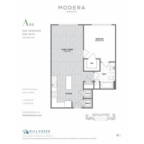 735 square foot one bedroom one bath apartment floorplan image