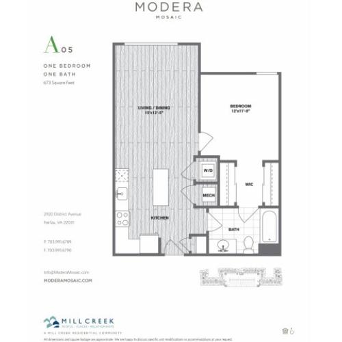 673 square foot one bedroom one bath apartment floorplan image