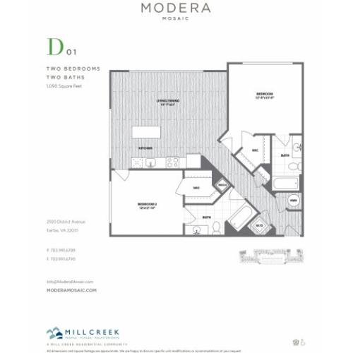 1098 square foot two bedroom two bath apartment floorplan image
