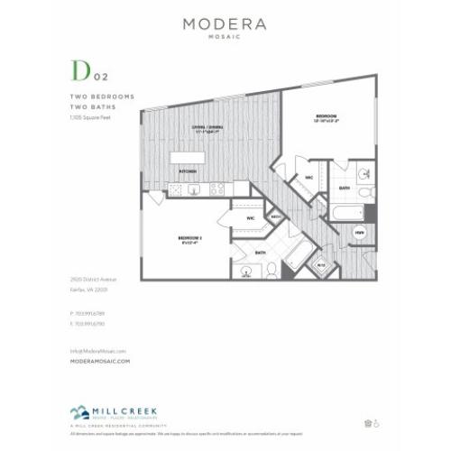 1105 square foot two bedroom two bath apartment floorplan image