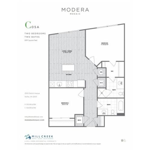 864 square foot Junior two bedroom two bath apartment floorplan image