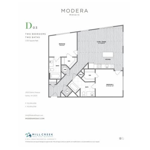 1120 square foot two bedroom two bath apartment floorplan image