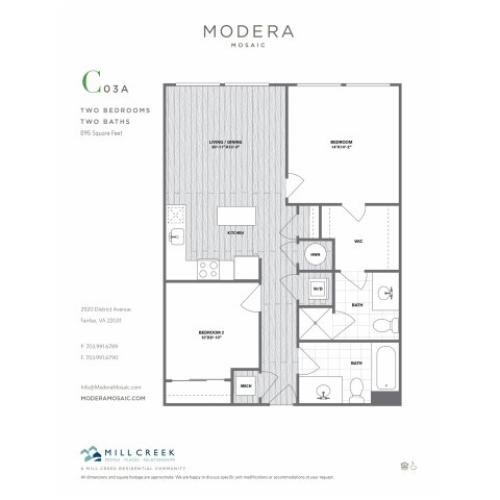 895 square foot Junior two bedroom one and three quarter bath apartment floorplan image