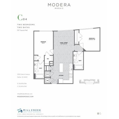 947 square foot two bedroom two bath apartment floorplan image