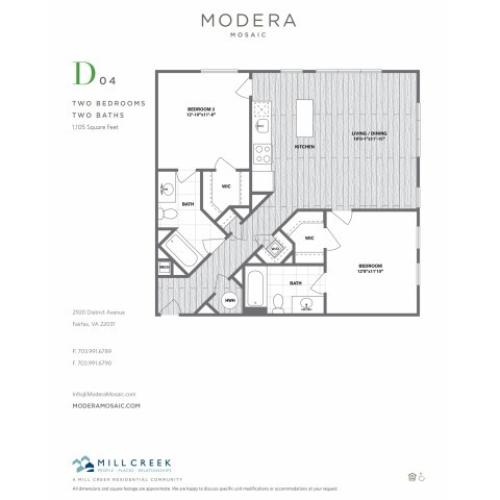 1105 square foot two bedroom two bath apartment floorplan image