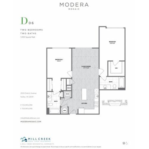 1050 square foot two bedroom two bath apartment floorplan image