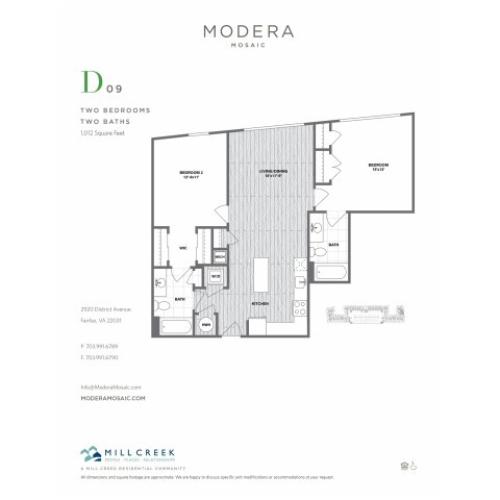 1012 square foot two bedroom two bath apartment floorplan image