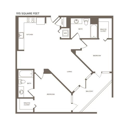 1115 square foot two bedroom two bath floor plan image