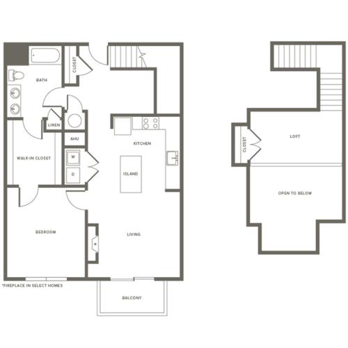 1179 square foot one bedroom one bath loft apartment floorplan image