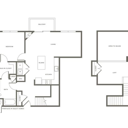 1160 square foot one bedroom one bath loft apartment floorplan image