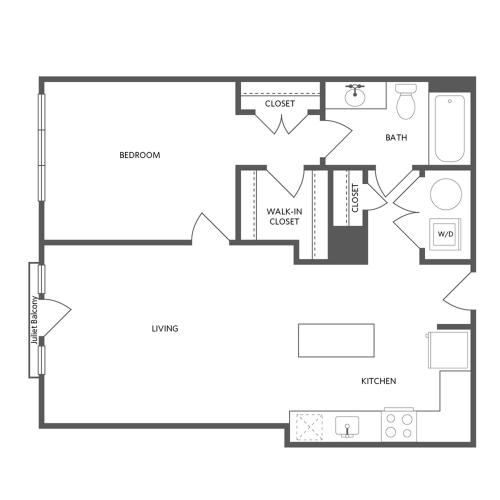 738 square foot one bedroom one bath apartment floorplan image