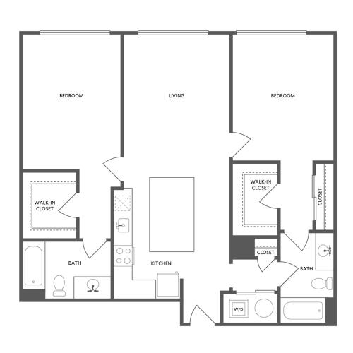 1112 square foot two bedroom two bath apartment floorplan image