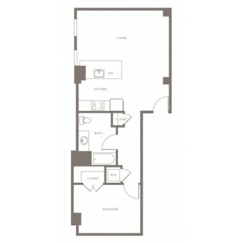 750 square foot one bedroom one bath apartment floorplan image