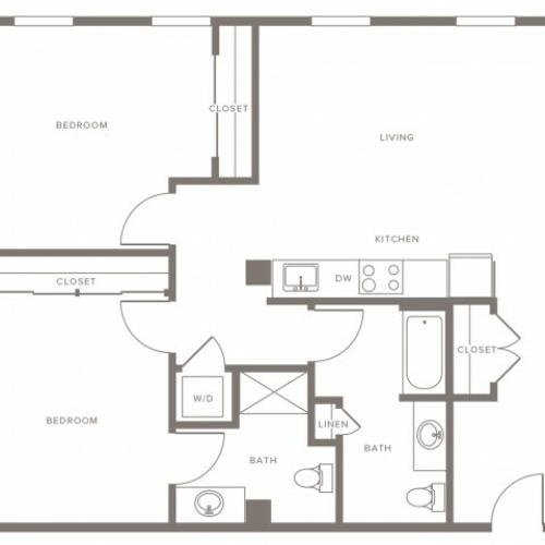 990 square foot two bedroom two bath apartment floorplan image