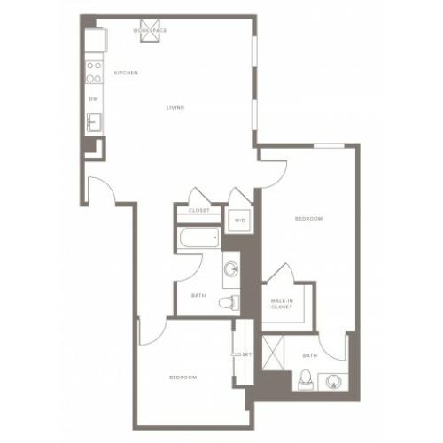 1070 square foot two bedroom two bath with galley kitchen apartment floorplan image