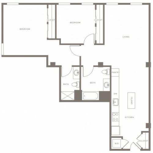 1180 square foot two bedroom two bath apartment floorplan image