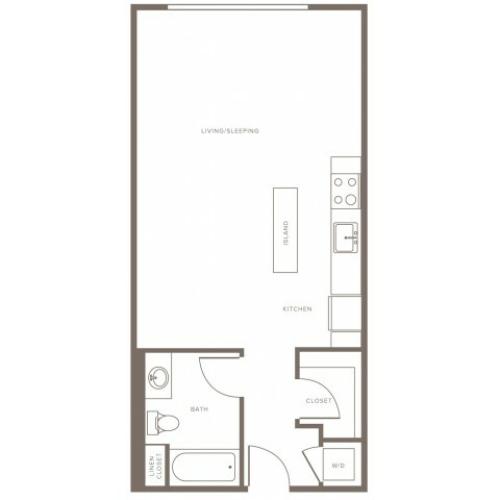 607 square foot studio one bath apartment