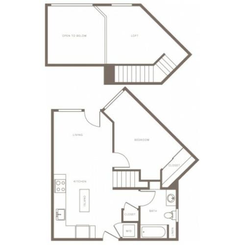 751 square foot one bedroom one bath loft apartment floorplan image