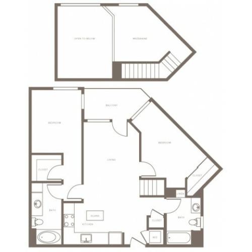 1088 square foot two bedroom two bath loft apartment floorplan image