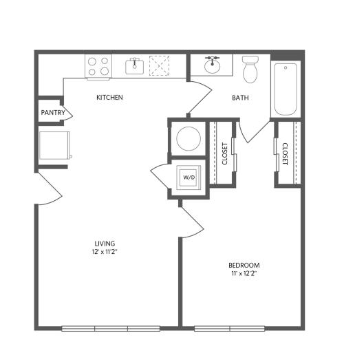 606 square foot one bedroom one bath apartment floorplan image
