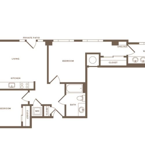 893 square foot two bedroom two bath apartment floorplan image