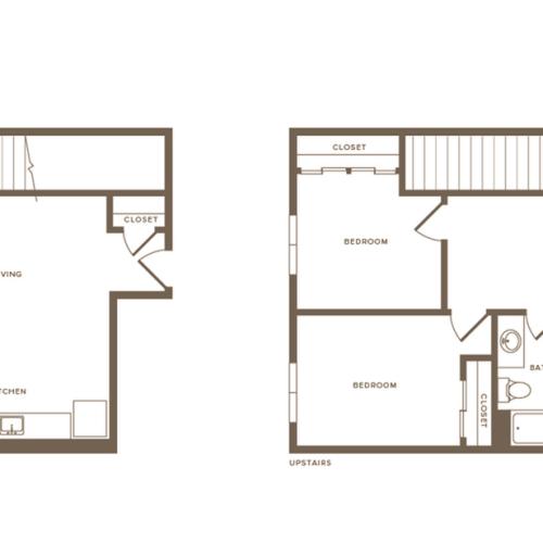 951 square foot two bedroom one bath two story apartment floorplan image