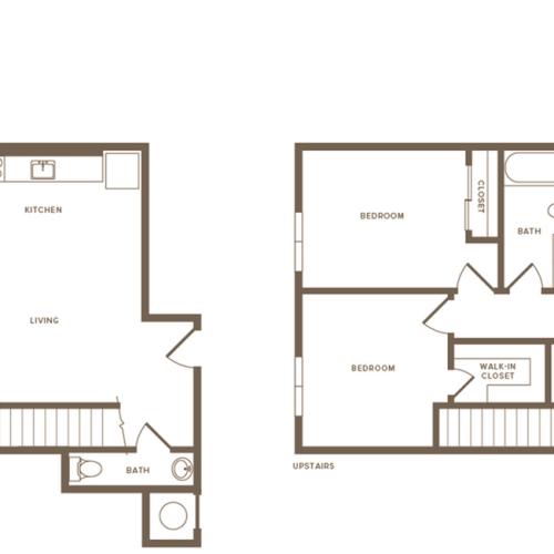 1068 square foot two bedroom one and a half bath two story apartment floorplan image