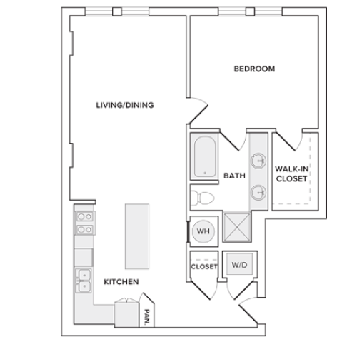 920 square foot one bedroom one bathroom apartment floorplan image
