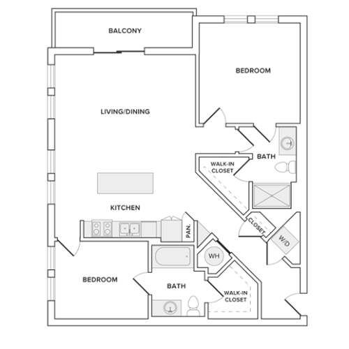 1184 square foot two bedroom two bathroom apartment floorplan image