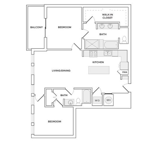 1205 square foot two bedroom two bathroom apartment floorplan image