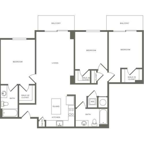 1245 square foot three bedroom two bath apartment floorplan image