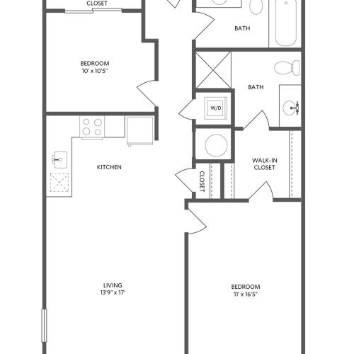 989 square foot two bedroom two bath apartment floorplan image