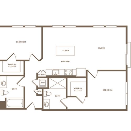 1023 square foot two bedroom two bath floor plan image