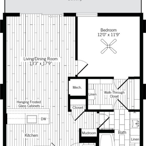774 square foot one bedroom one bath apartment floorplan image