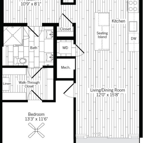 905 square foot one bedroom one bath with den apartment floorplan image