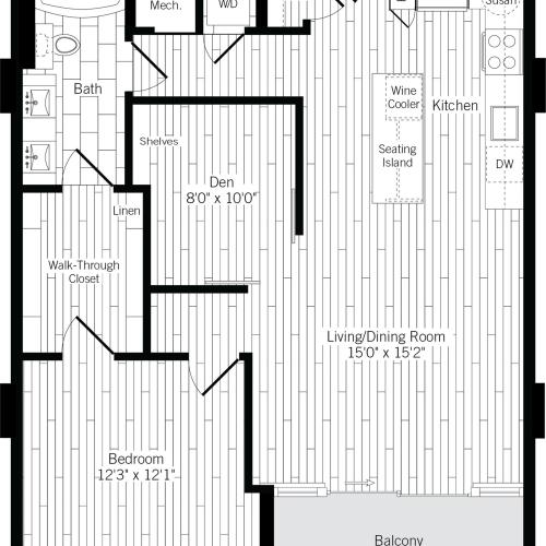 951 square foot one bedroom one bath with den apartment floorplan image