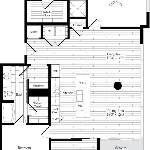 1466 square foot two bedroom two bath apartment floorplan image