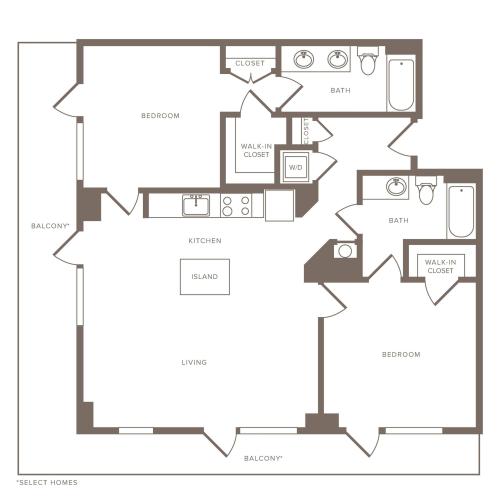 1153 square foot two bedroom two bath penthouse apartment floorplan image