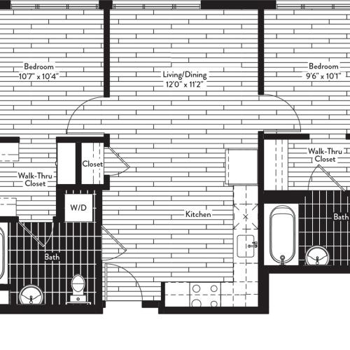 822 square foot two bedroom two bath floor plan image