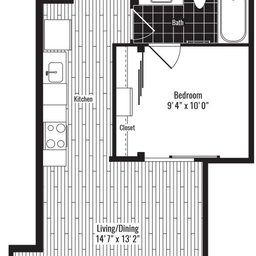 585 square foot one bedroom one bath with offset living room apartment floorplan image