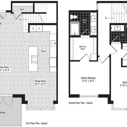 1516 square foot two bedroom two and a half bath two story townhome floorplan image