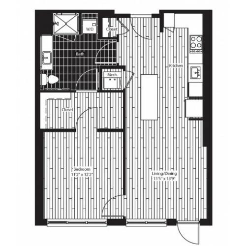 704 square foot one bedroom one bath apartment floorplan image