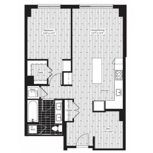 824 square foot one bedroom one bath with den apartment floorplan image