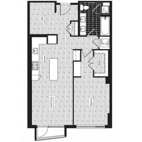 872 square foot one bedroom one bath with den apartment floorplan image
