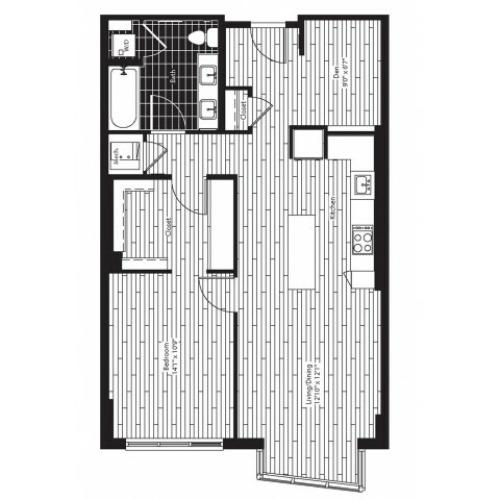 898 square foot one bedroom one bath with den apartment floorplan image