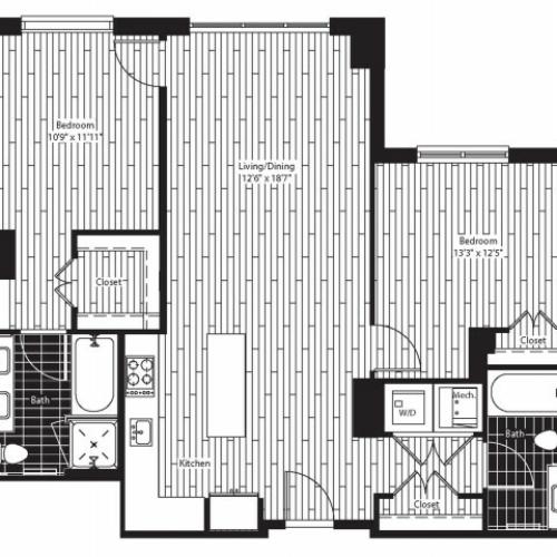 1031 square foot two bedroom two bath apartment floorplan image