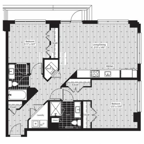 1040 square foot two bedroom two bath apartment floorplan image