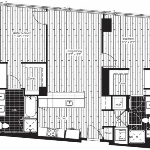 1069 square foot two bedroom two bath angled kitchen apartment floorplan image